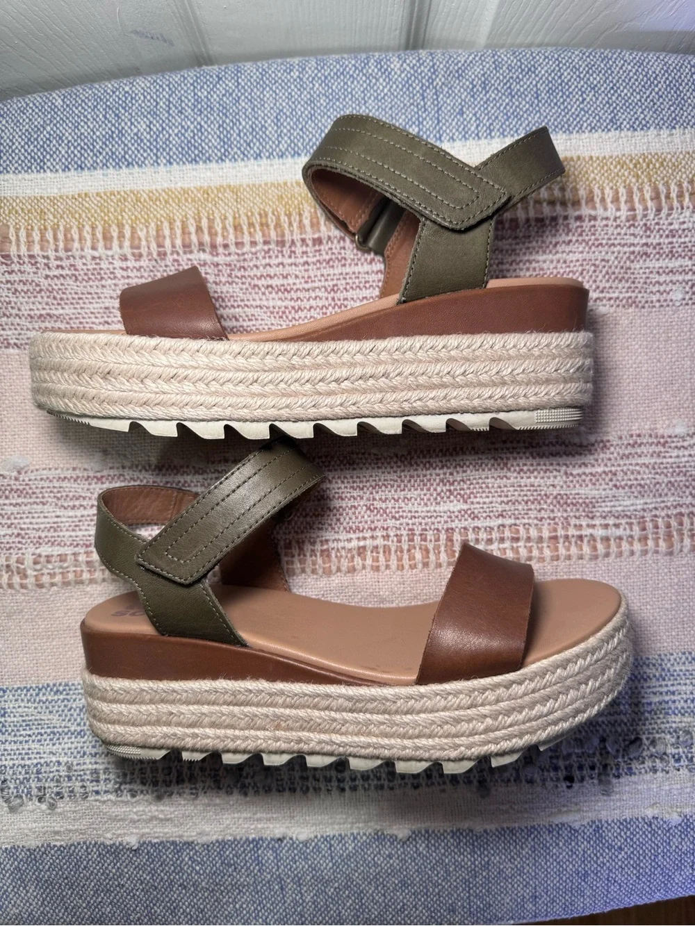Sorel Brown and Olive Platform Espadrille Sandals